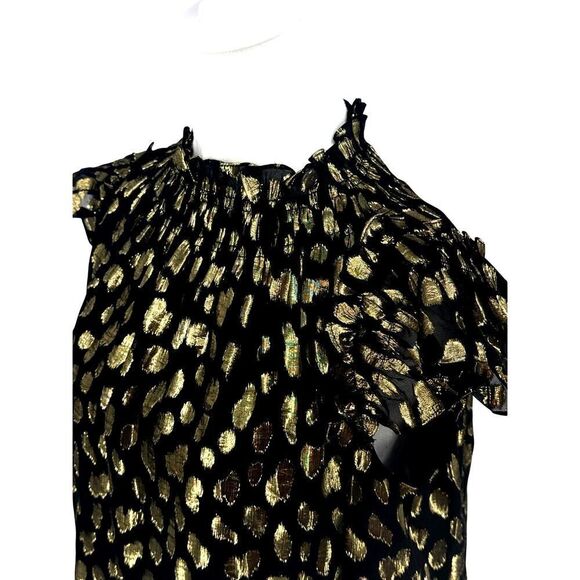 Rebecca Taylor Black Gold Metallic Spotted Silk Off Shoulder Ruffle Top Size S - Picture 2 of 11